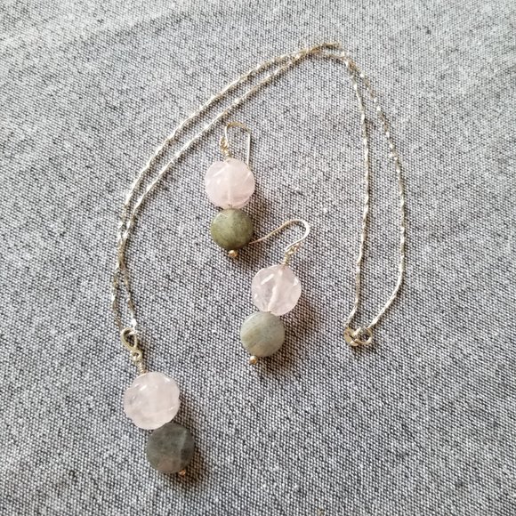 Labradorite and rose quartz sterling silver gemstone earrings and necklace - Picture 2 of 5